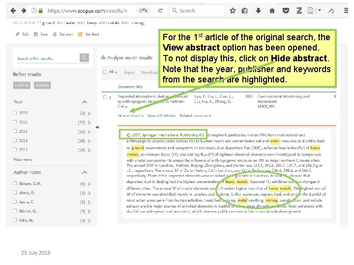 For the 1 st article of the original search, the View abstract option has
