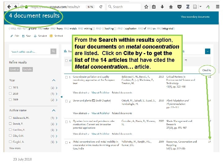 From the Search within results option, four documents on metal concentration are listed. Click