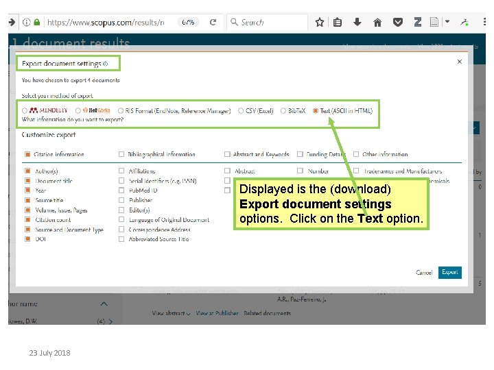 Displayed is the (download) Export document settings options. Click on the Text option. 23