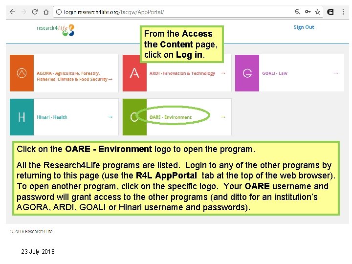 From the Access the Content page, click on Log in. Click on the OARE