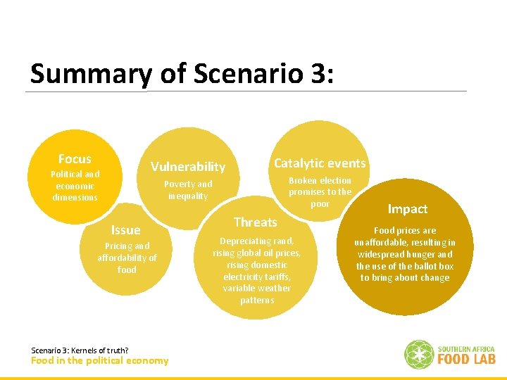 Summary of Scenario 3: Focus Vulnerability Political and economic dimensions Catalytic events Broken election