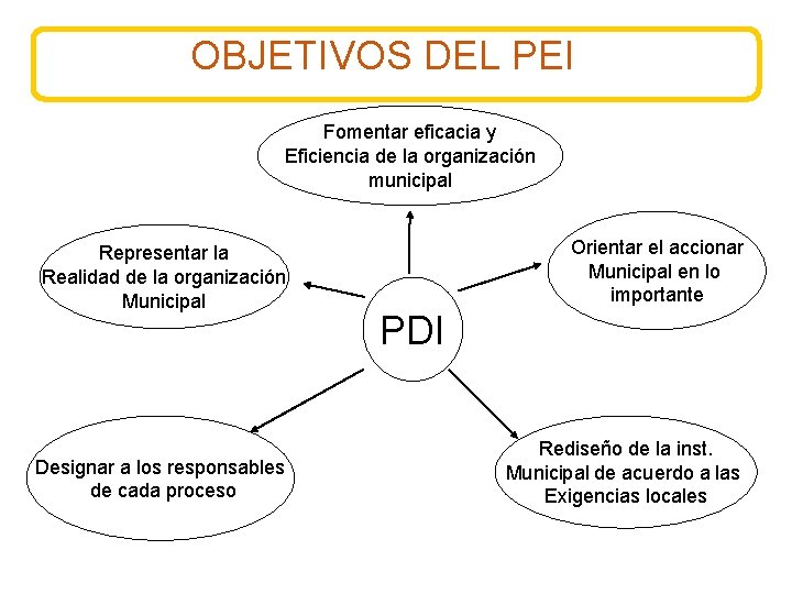 OBJETIVOS DEL PEI Fomentar eficacia y Eficiencia de la organización municipal Representar la Realidad