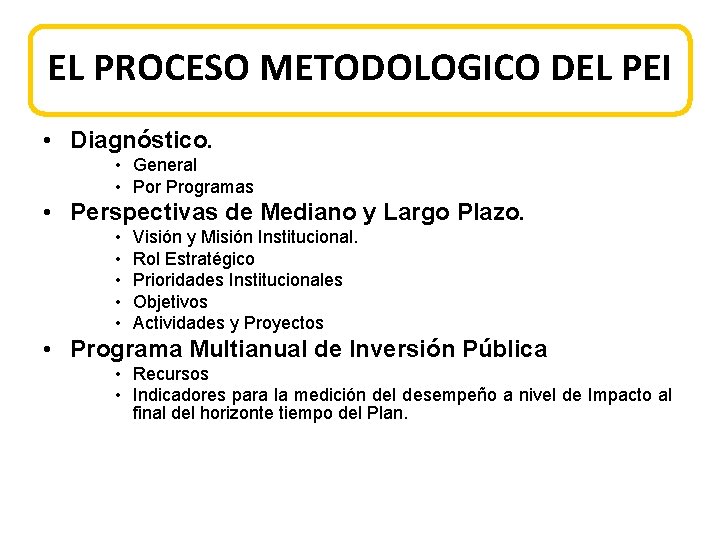 EL PROCESO METODOLOGICO DEL PEI • Diagnóstico. • General • Por Programas • Perspectivas