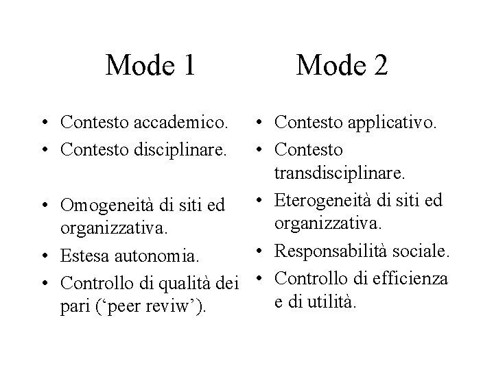 Mode 1 • Contesto accademico. • Contesto disciplinare. Mode 2 • Contesto applicativo. •