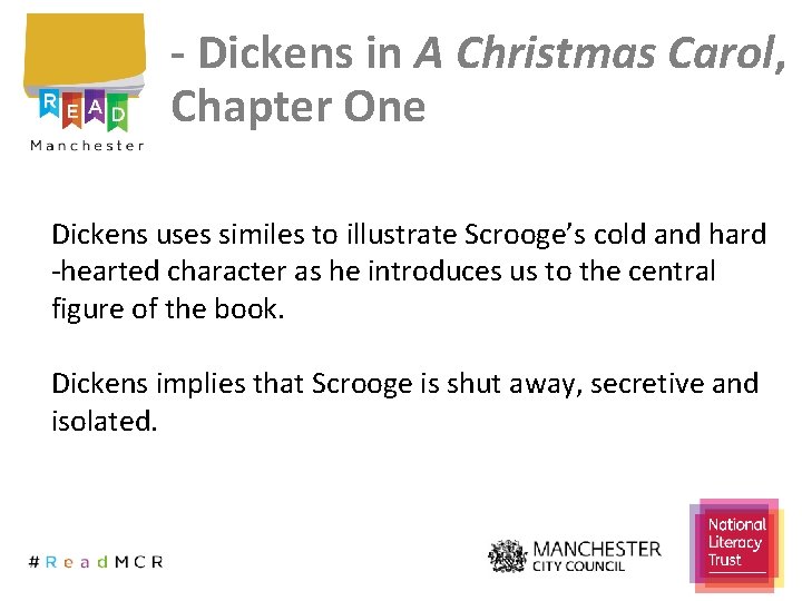 - Dickens in A Christmas Carol, Chapter One Dickens uses similes to illustrate Scrooge’s