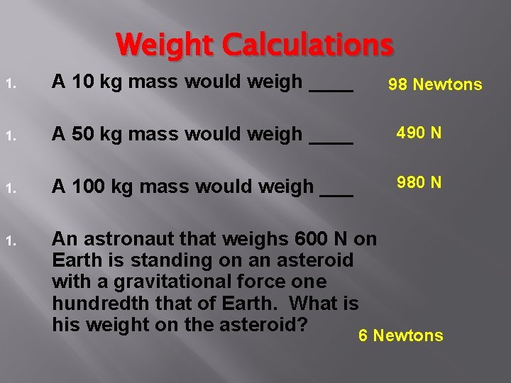 Weight Calculations 1. A 10 kg mass would weigh ____ 1. A 50 kg