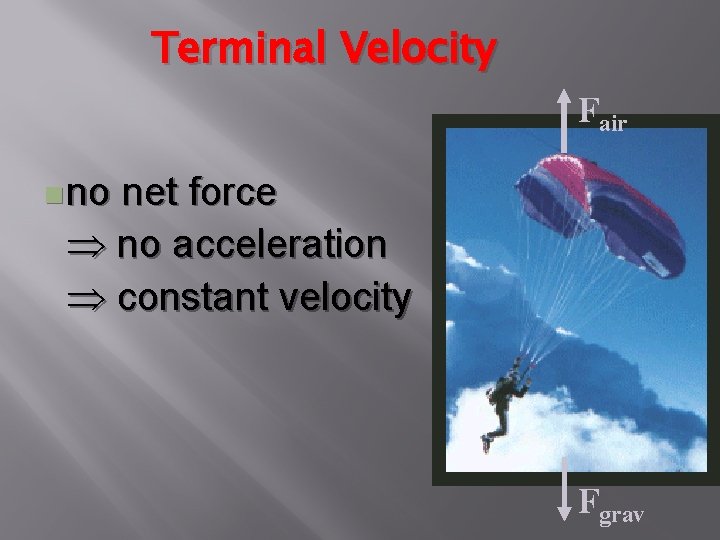 Terminal Velocity Fair n no net force no acceleration constant velocity Fgrav 