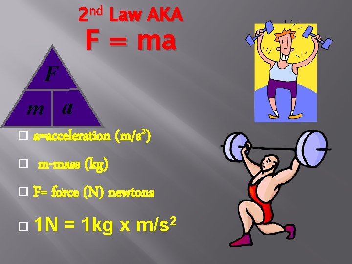 2 nd Law AKA F = ma F m a a=acceleration (m/s 2) m-mass