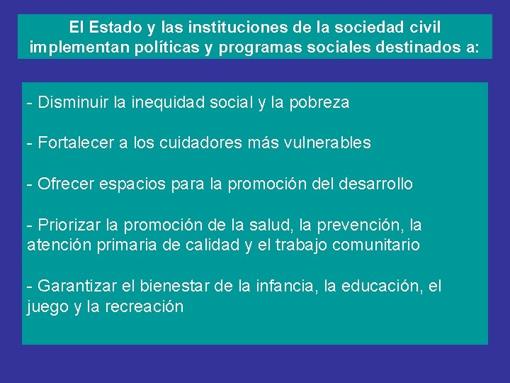El Estado y las instituciones de la sociedad civil implementan políticas y programas sociales