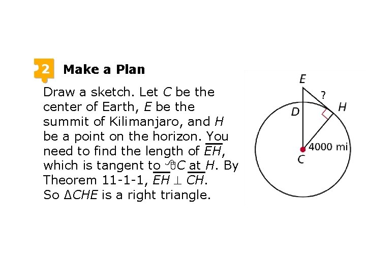 2 Make a Plan Draw a sketch. Let C be the center of Earth,