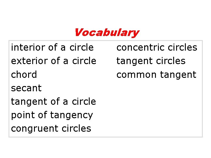Vocabulary interior of a circle exterior of a circle chord secant tangent of a