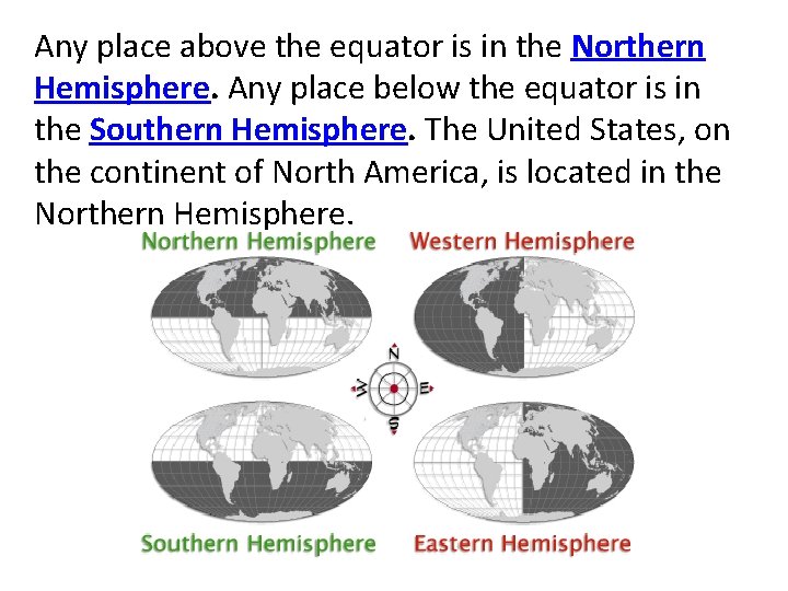 Any place above the equator is in the Northern Hemisphere. Any place below the Any place above the equator is in the Northern Hemisphere. Any place below the