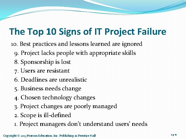 The Top 10 Signs of IT Project Failure 10. Best practices and lessons learned