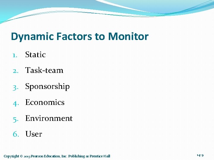 Dynamic Factors to Monitor 1. Static 2. Task-team 3. Sponsorship 4. Economics 5. Environment