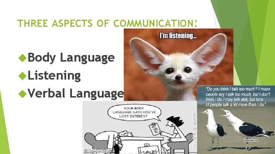 THREE ASPECTS OF COMMUNICATION: Body Language Listening Verbal Language 