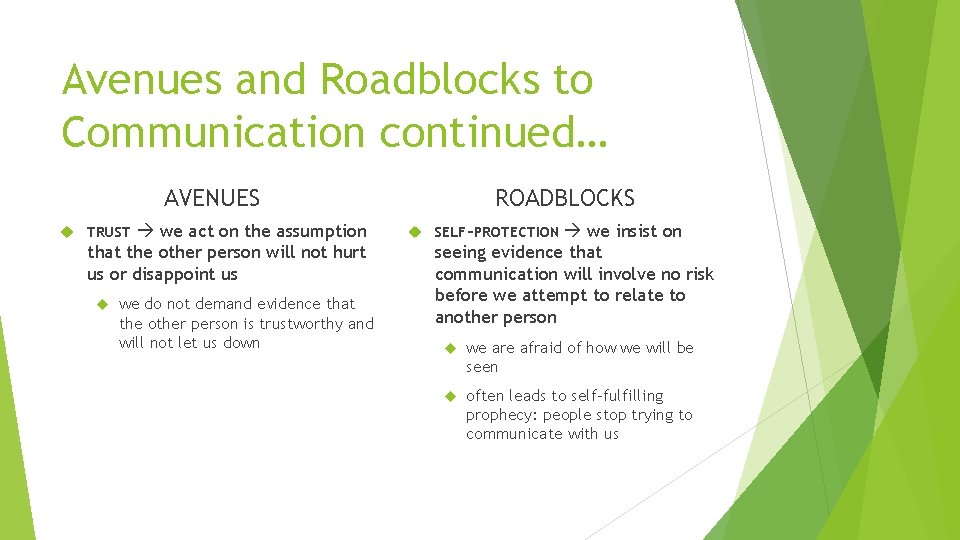 Avenues and Roadblocks to Communication continued… AVENUES we act on the assumption that the