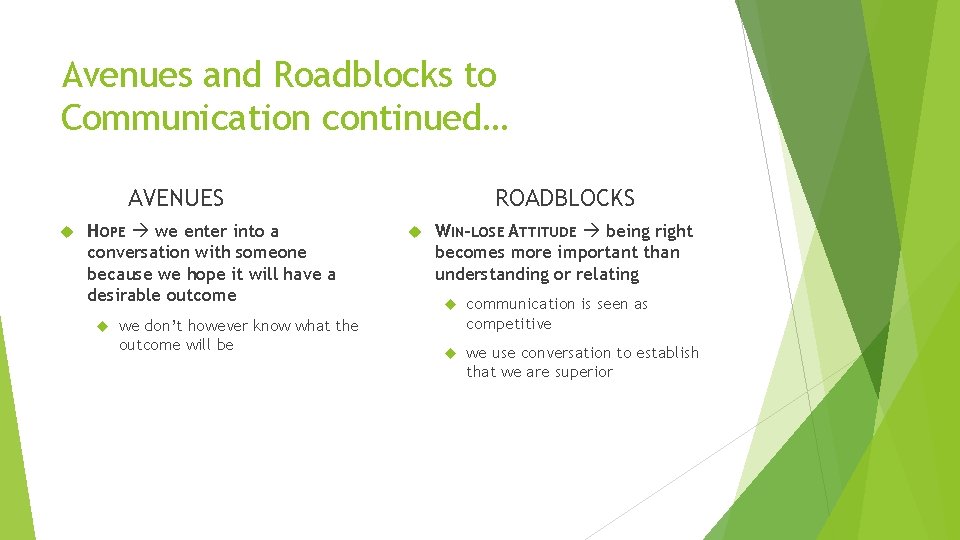 Avenues and Roadblocks to Communication continued… AVENUES HOPE we enter into a conversation with