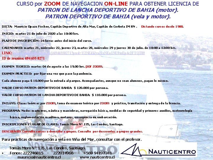 CURSO por ZOOM DE NAVEGACION ON-LINE PARA OBTENER LICENCIA DE PATRON DE LANCHA DEPORTIVO