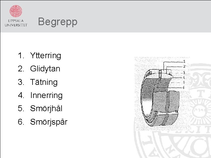 Begrepp 1. Ytterring 2. Glidytan 3. Tätning 4. Innerring 5. Smörjhål 6. Smörjspår 