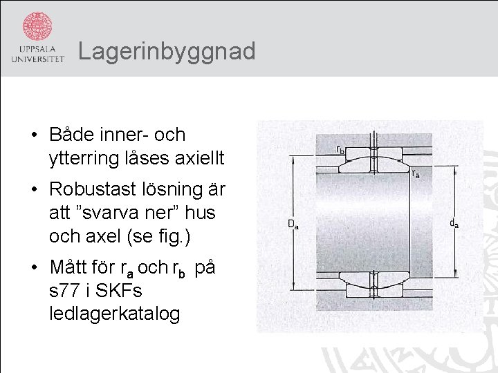 Lagerinbyggnad • Både inner- och ytterring låses axiellt • Robustast lösning är att ”svarva