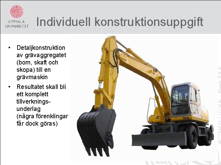 Individuell konstruktionsuppgift • Detaljkonstruktion av grävaggregatet (bom, skaft och skopa) till en grävmaskin •