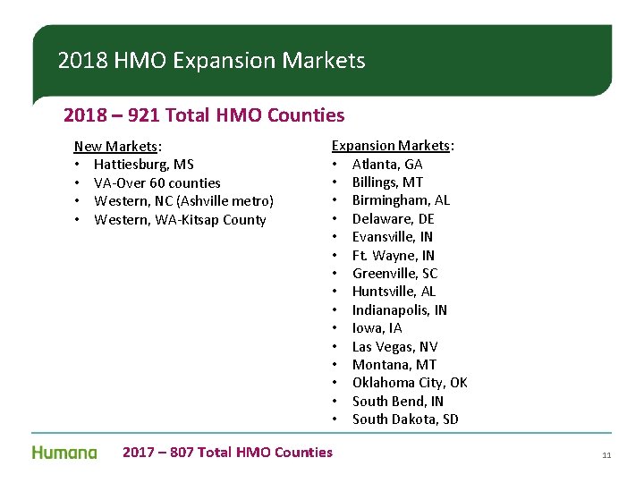2018 HMO Expansion Markets 2018 – 921 Total HMO Counties New Markets: • Hattiesburg, 2018 HMO Expansion Markets 2018 – 921 Total HMO Counties New Markets: • Hattiesburg,