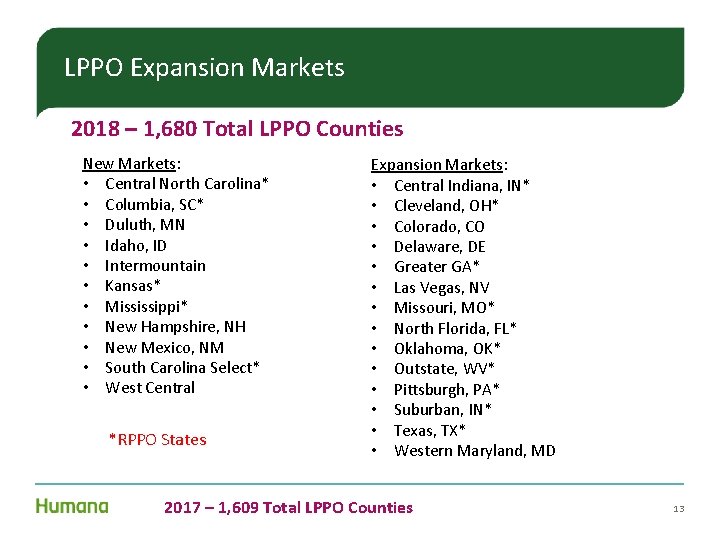 LPPO Expansion Markets 2018 – 1, 680 Total LPPO Counties New Markets: • Central LPPO Expansion Markets 2018 – 1, 680 Total LPPO Counties New Markets: • Central