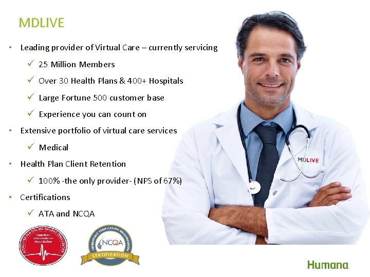 MDLIVE • Leading provider of Virtual Care – currently servicing ü 25 Million Members MDLIVE • Leading provider of Virtual Care – currently servicing ü 25 Million Members