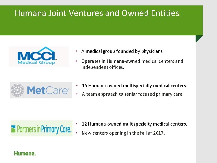 Humana Joint Ventures and Owned Entities • A medical group founded by physicians. • Humana Joint Ventures and Owned Entities • A medical group founded by physicians. •
