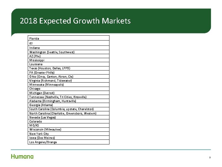 2018 Expected Growth Markets Florida KY Indiana Washington (Seattle, Southwest) AZ (Phx) Mississippi Louisiana 2018 Expected Growth Markets Florida KY Indiana Washington (Seattle, Southwest) AZ (Phx) Mississippi Louisiana