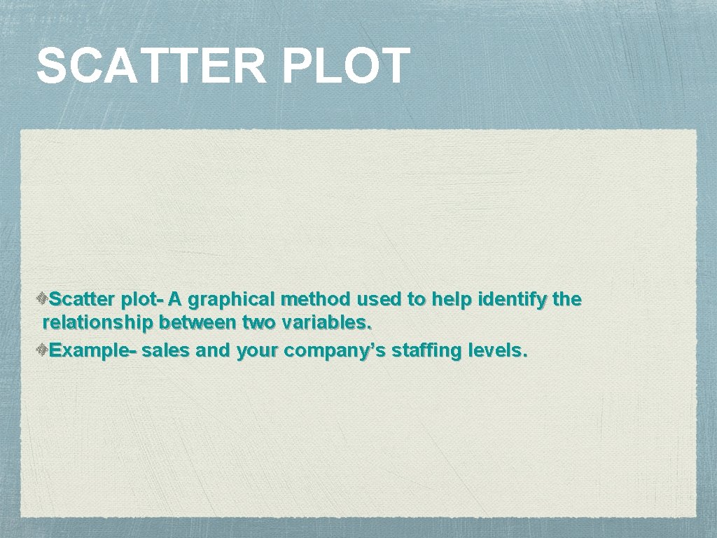 SCATTER PLOT Scatter plot- A graphical method used to help identify the relationship between