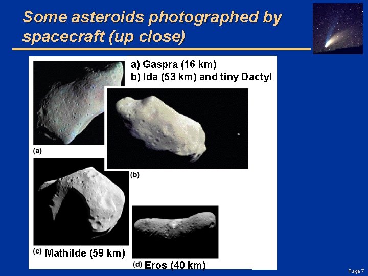 Some asteroids photographed by spacecraft (up close) a) Gaspra (16 km) b) Ida (53