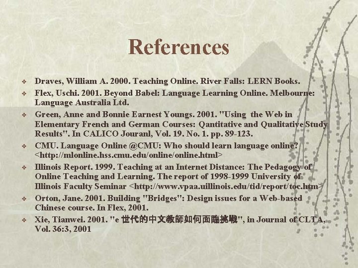 References v v v v Draves, William A. 2000. Teaching Online. River Falls: LERN