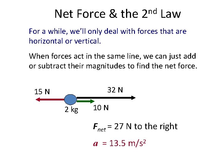 Net Force & the 2 nd Law For a while, we’ll only deal with