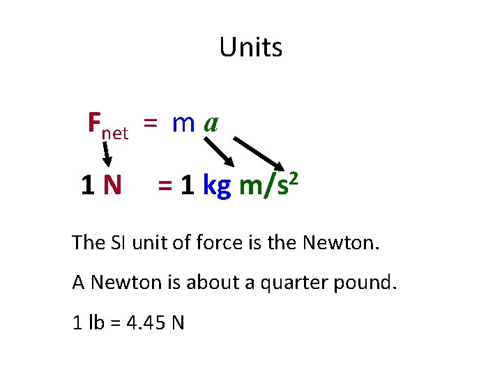 Units Fnet = m a 1 N = 1 kg m/s 2 The SI