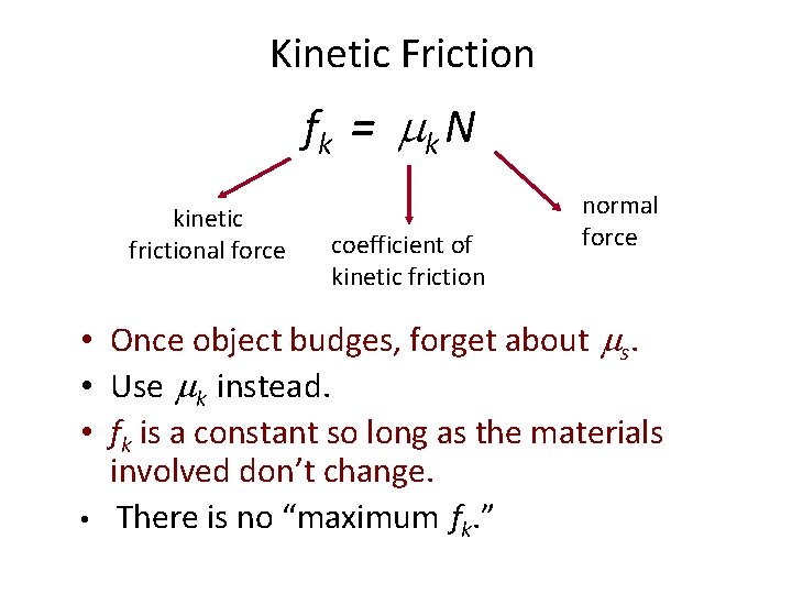 Kinetic Friction fk = k N kinetic frictional force coefficient of kinetic friction normal