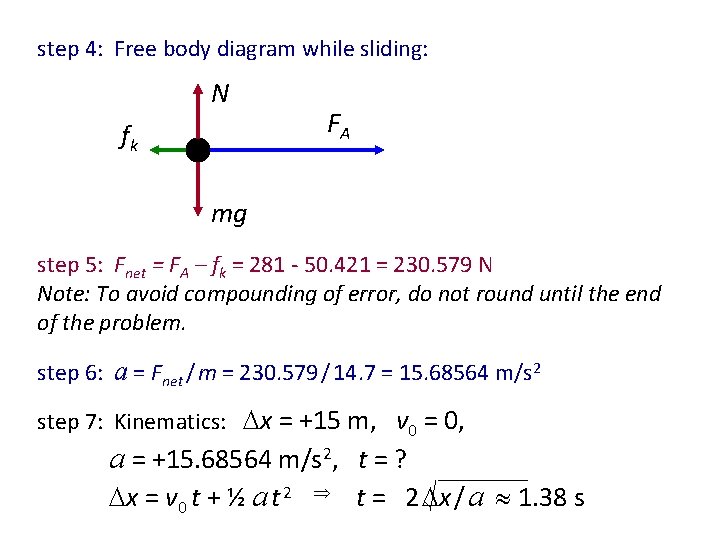 step 4: Free body diagram while sliding: Friction Example 2 (continued) N fk FA