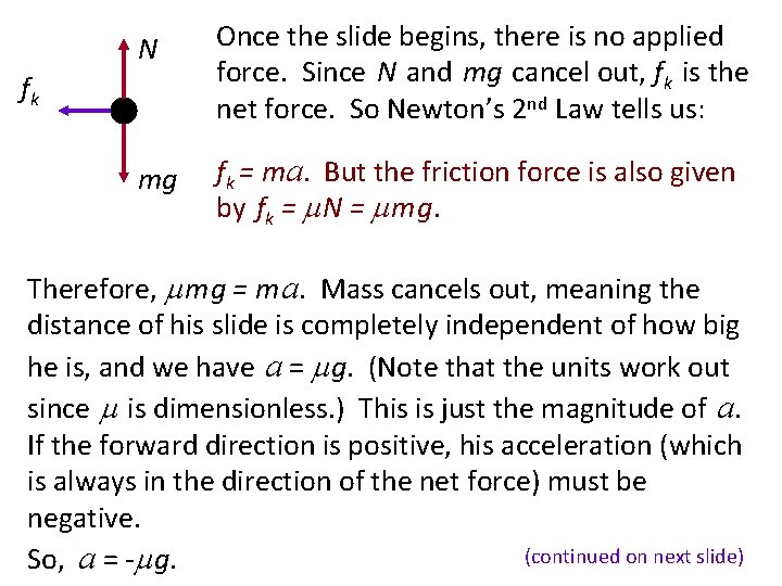 N Once the slide begins, there is no applied force. Since N and mg