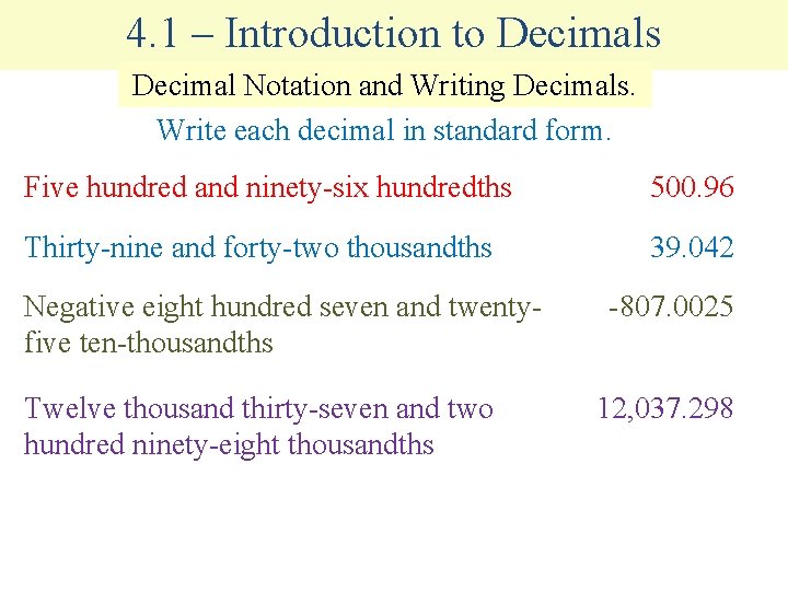 – Introduction Decimals 4. – 4. 1 Solving Equationstowith Fractions Decimal Notation and Writing