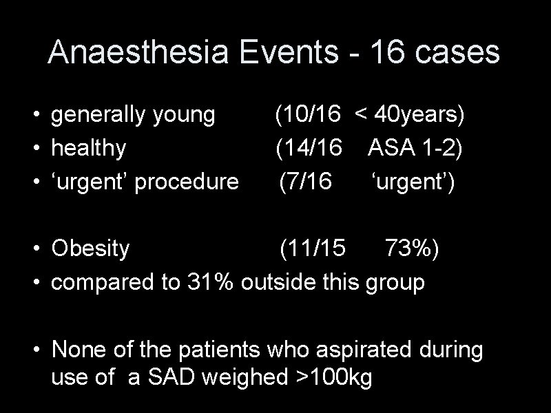Anaesthesia Events - 16 cases • generally young • healthy • ‘urgent’ procedure (10/16 Anaesthesia Events - 16 cases • generally young • healthy • ‘urgent’ procedure (10/16