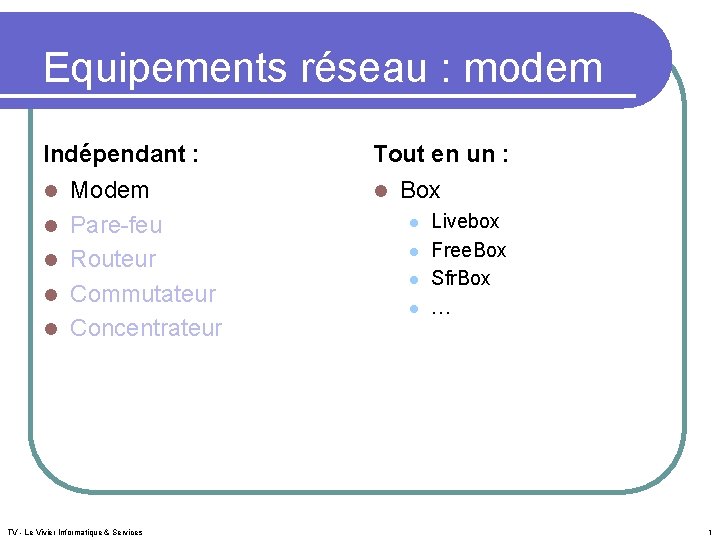 Equipements réseau : modem Indépendant : l l l Modem Pare-feu Routeur Commutateur Concentrateur