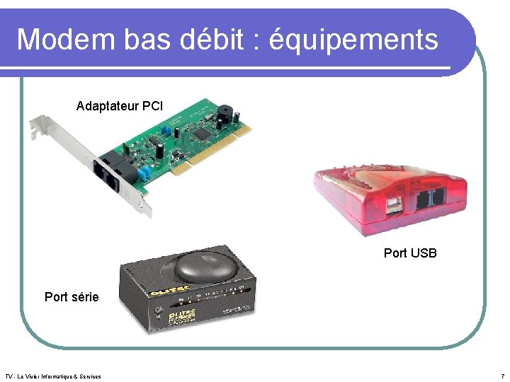 Modem bas débit : équipements Adaptateur PCI Port USB Port série TV - Le