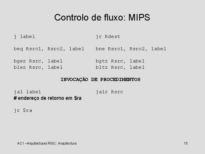 Controlo de fluxo: MIPS j label jr Rdest beq Rsrc 1, Rsrc 2, label