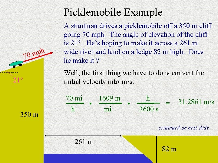 Picklemobile Example h p 70 m 21 350 m A stuntman drives a picklemobile