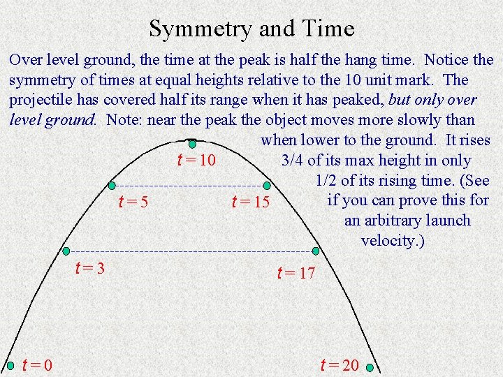 Symmetry and Time Over level ground, the time at the peak is half the