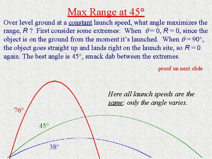 Max Range at 45 Over level ground at a constant launch speed, what angle