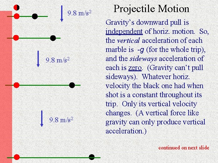 9. 8 m/s 2 Projectile Motion Gravity’s downward pull is independent of horiz. motion.