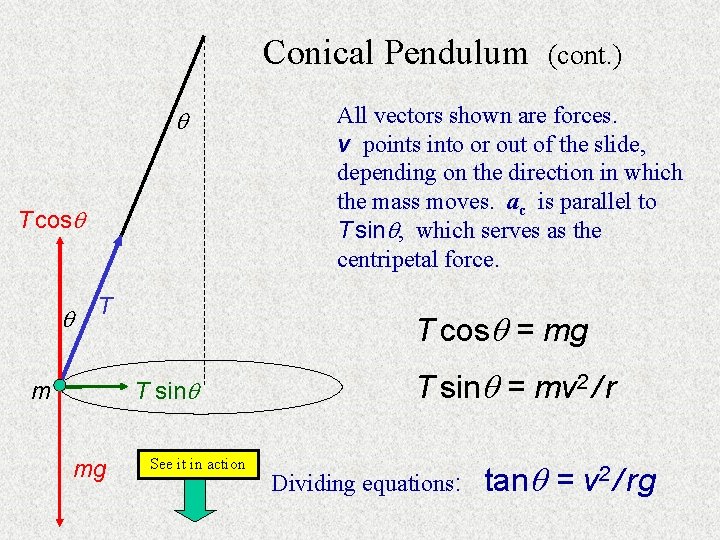 Conical Pendulum T cos T mg All vectors shown are forces. v points into