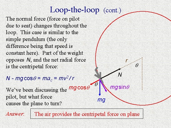 Loop-the-loop (cont. ) The normal force (force on pilot due to seat) changes throughout