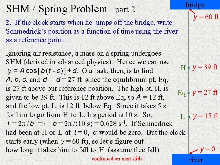 SHM / Spring Problem part 2 2. If the clock starts when he jumps